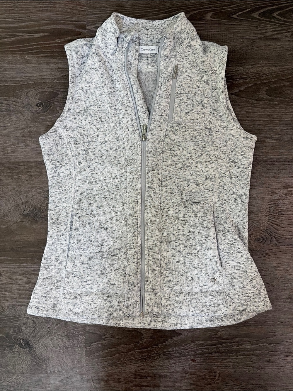 Calvin Klein Heathered Gray Black Marled Knit Full Zip Mock Neck Vest Size M
